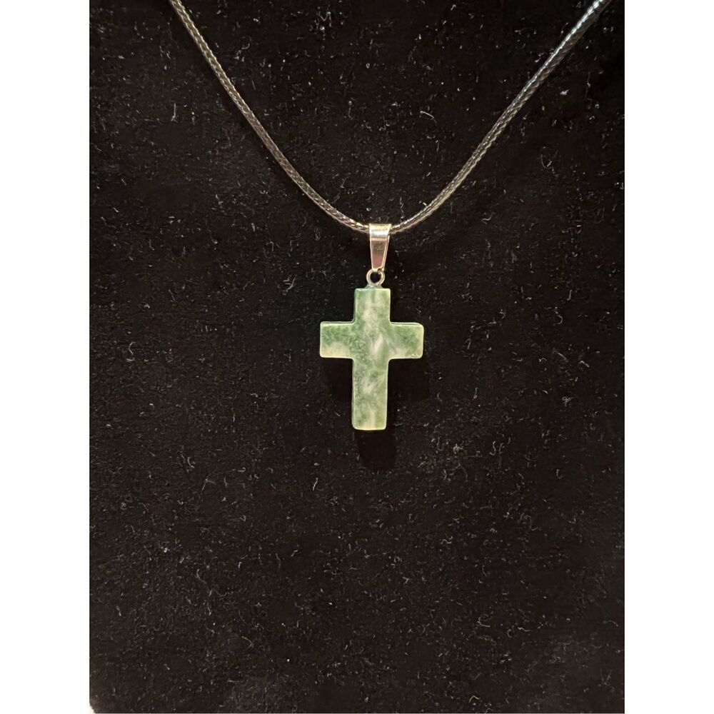 Green Marble Stone Cross on a Black Necklace Cord